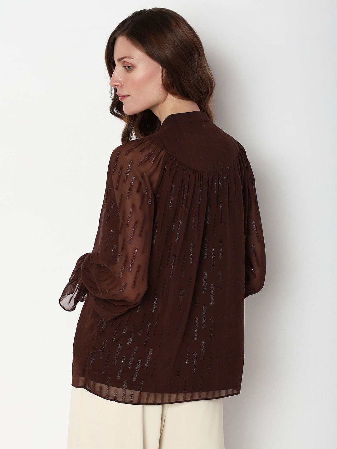 Dark Brown Lurex Sheer Sleeves Top