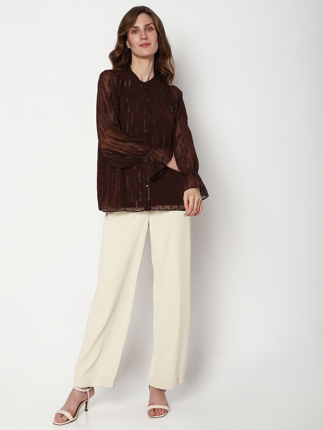 Dark Brown Lurex Sheer Sleeves Top