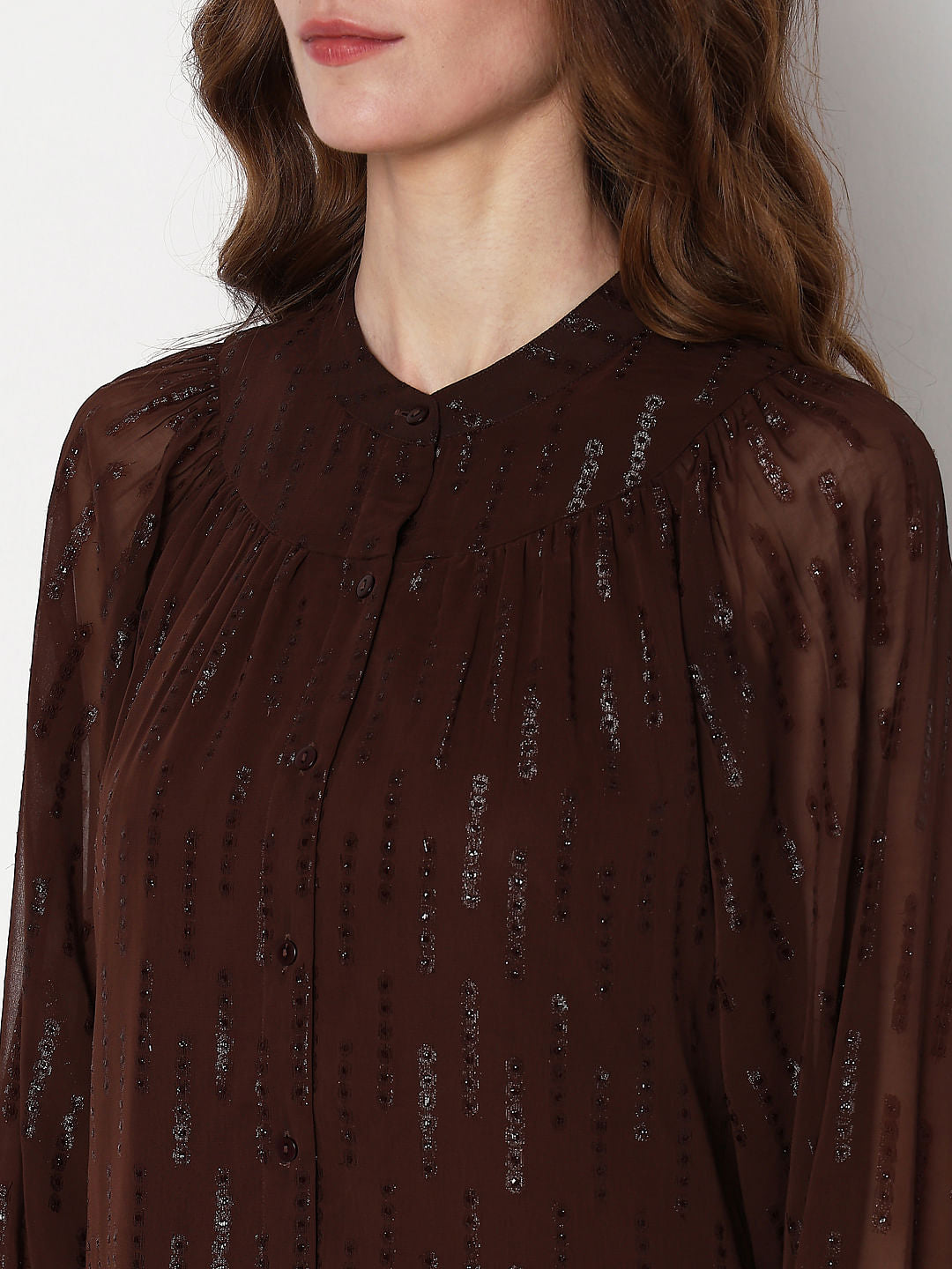 Dark Brown Lurex Sheer Sleeves Top