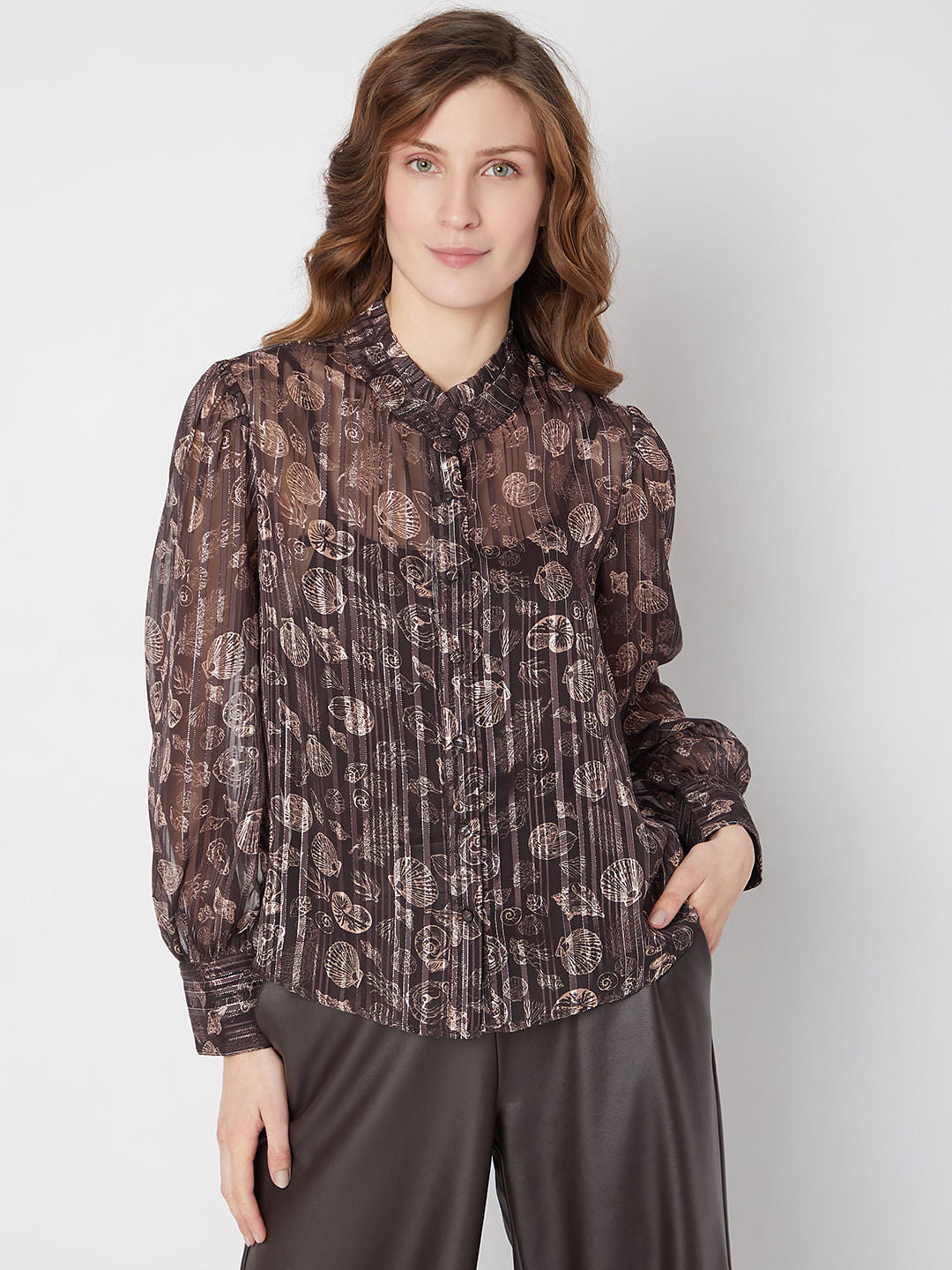 Brown Printed Metallic Lurex Shirt
