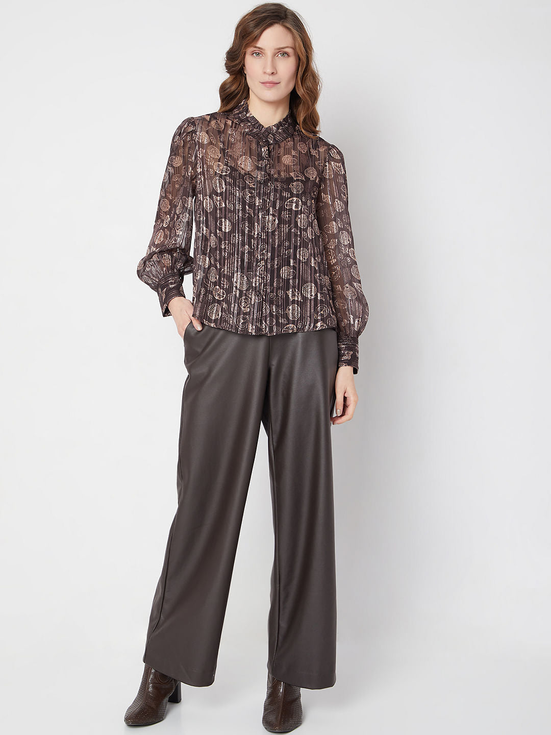 Brown Printed Metallic Lurex Shirt