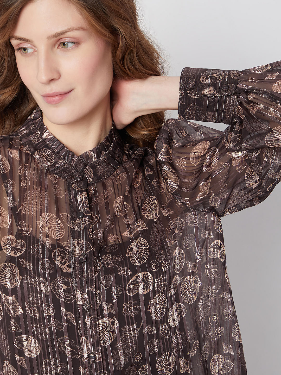 Brown Printed Metallic Lurex Shirt