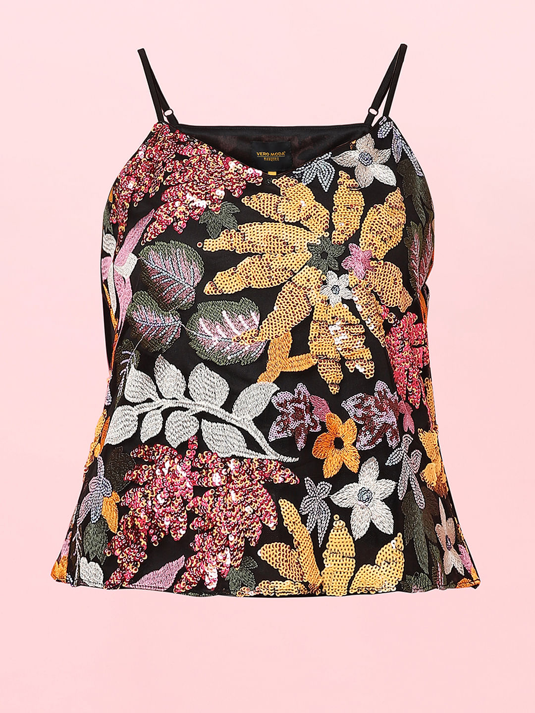 Marquee Black Floral Sequin Detail Top