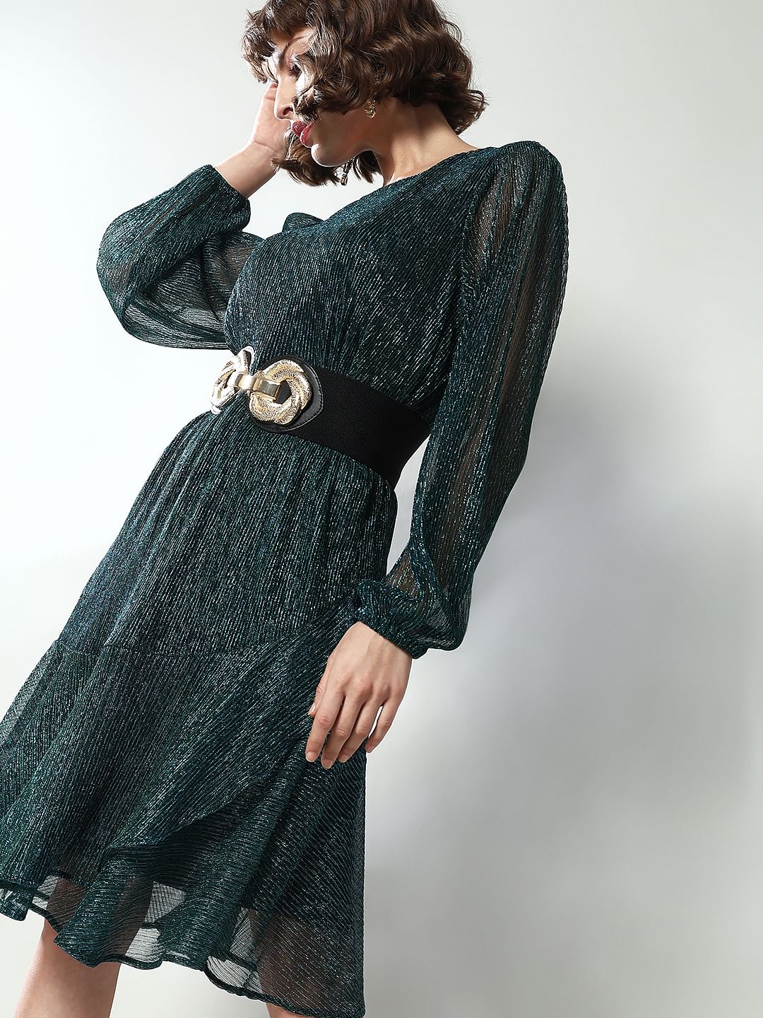 Green Shimmer Sheer Sleeves Dress