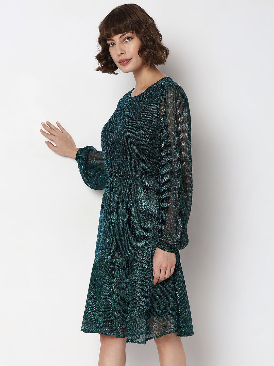 Green Shimmer Sheer Sleeves Dress