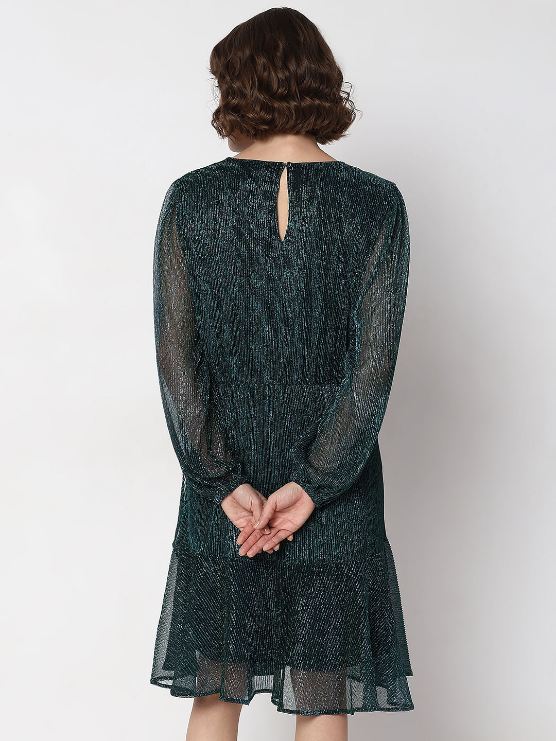 Green Shimmer Sheer Sleeves Dress