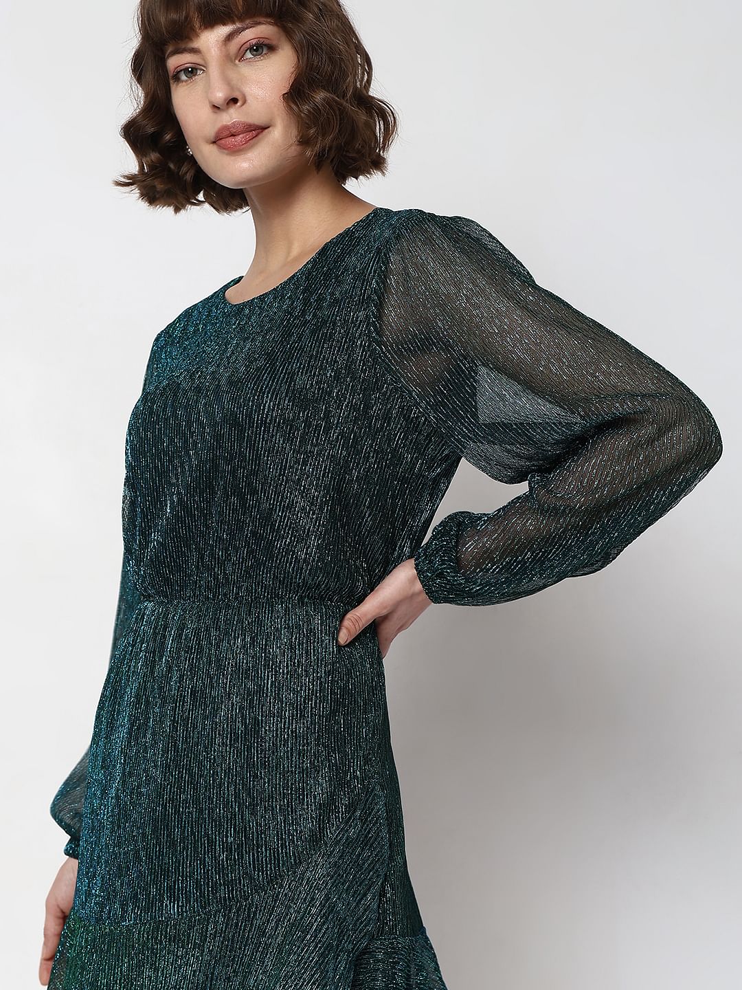 Green Shimmer Sheer Sleeves Dress