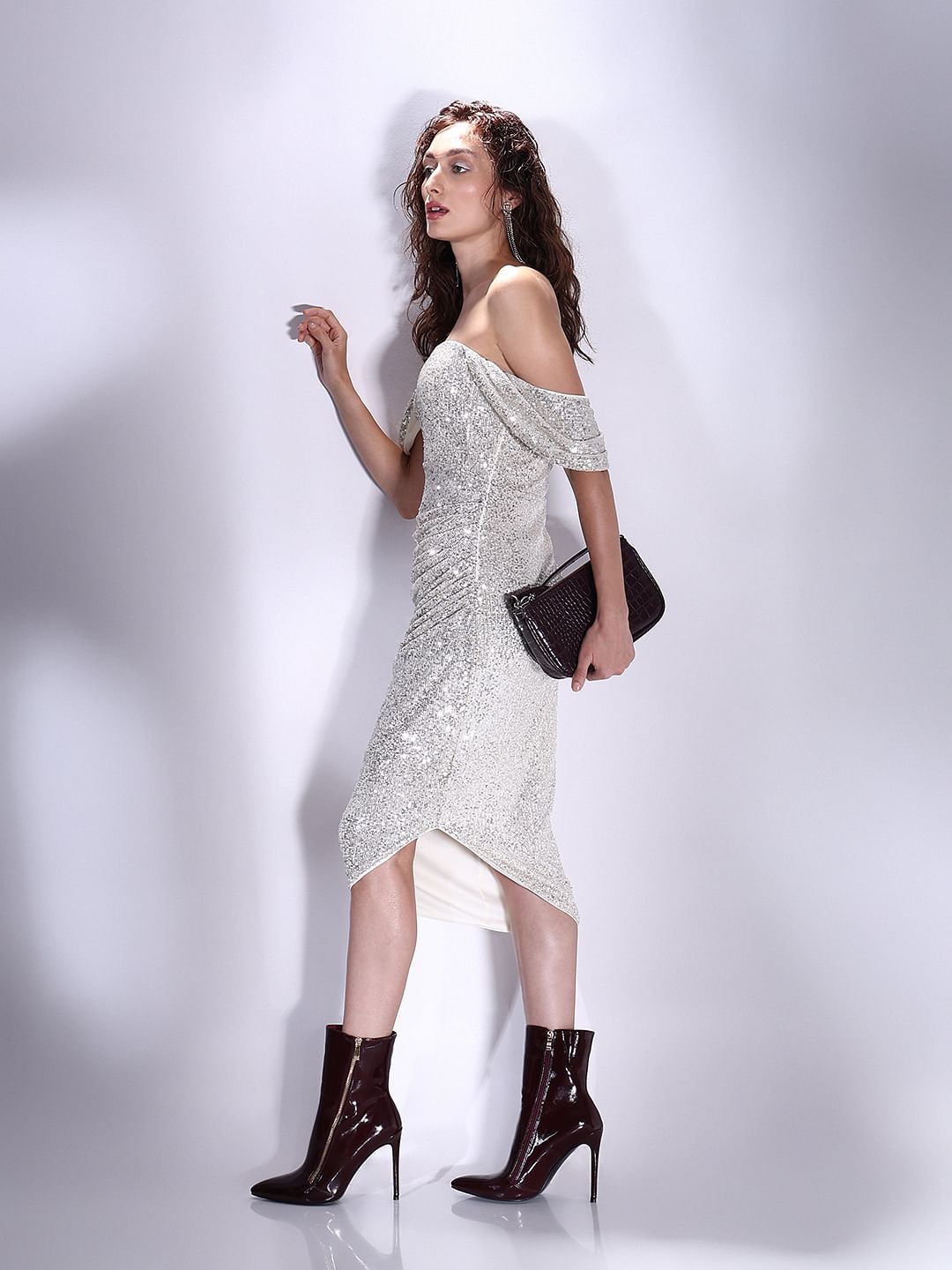 white silver dress MARQUEE Off-White Sequin Off-Shoulder Dress