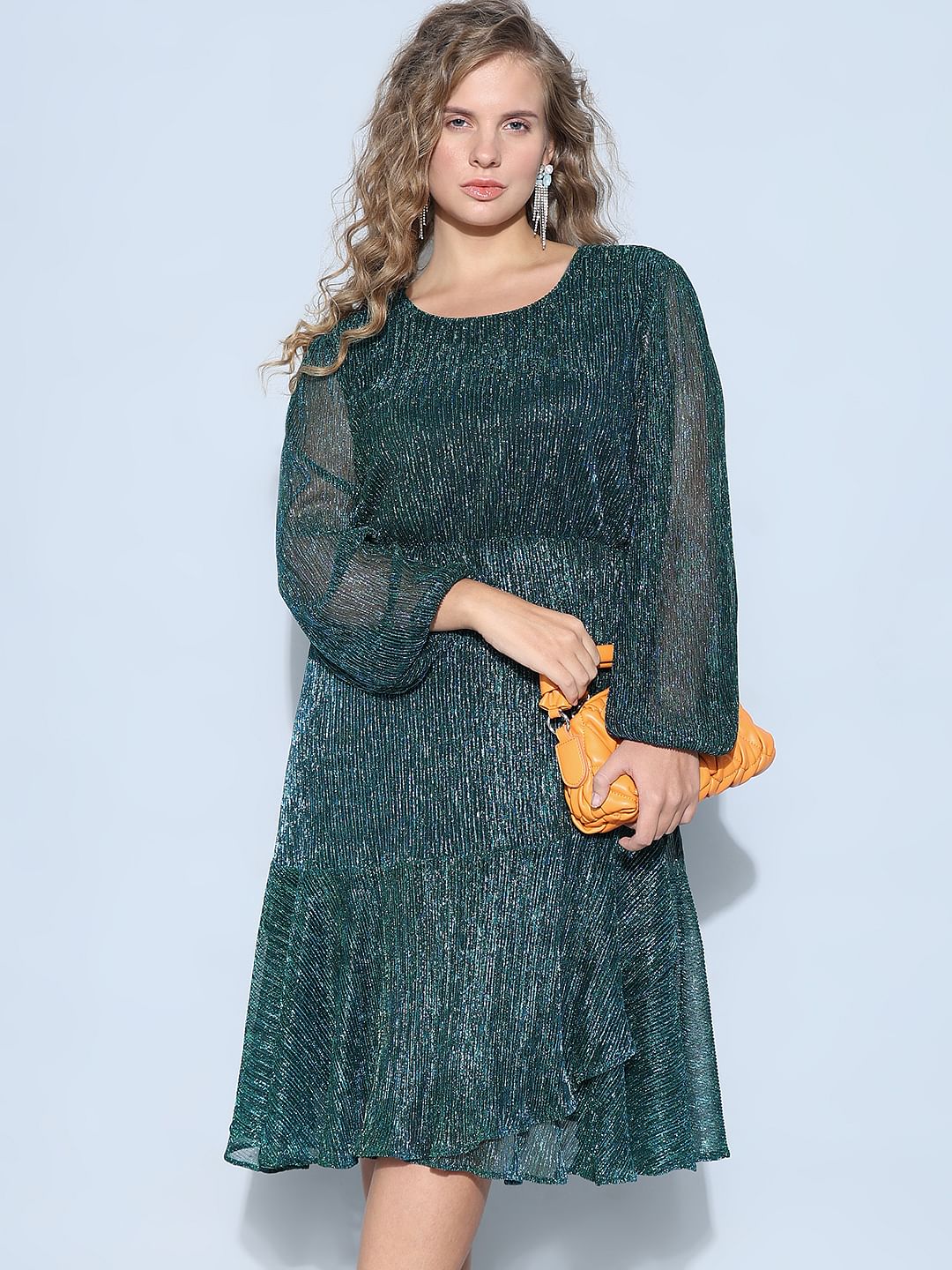 Curve Green Shimmer Fit & Flare Dress