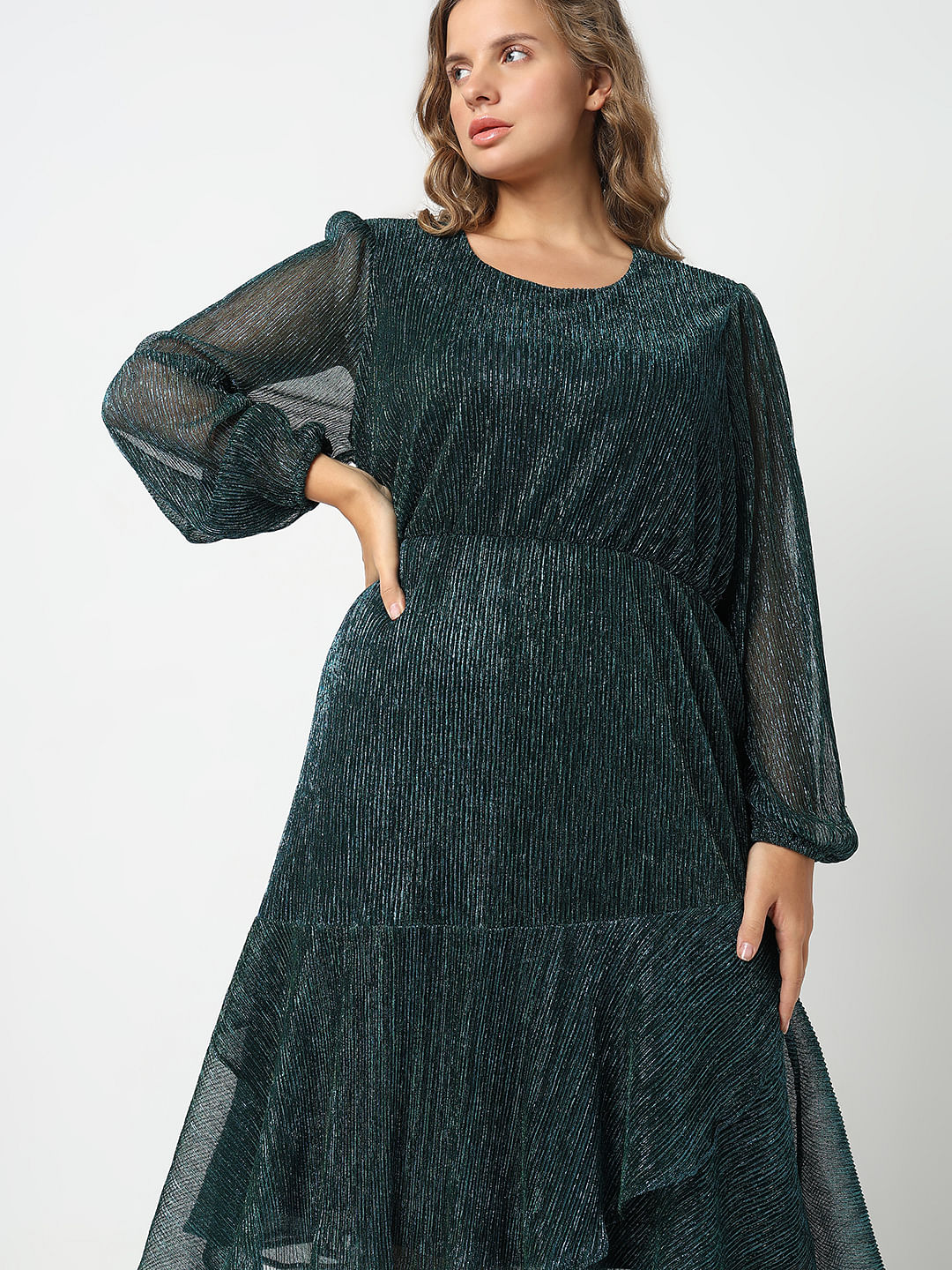 Curve Green Shimmer Fit & Flare Dress