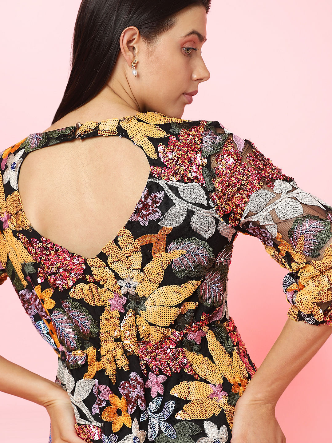 Marquee Black Floral Sequin Detail Dress