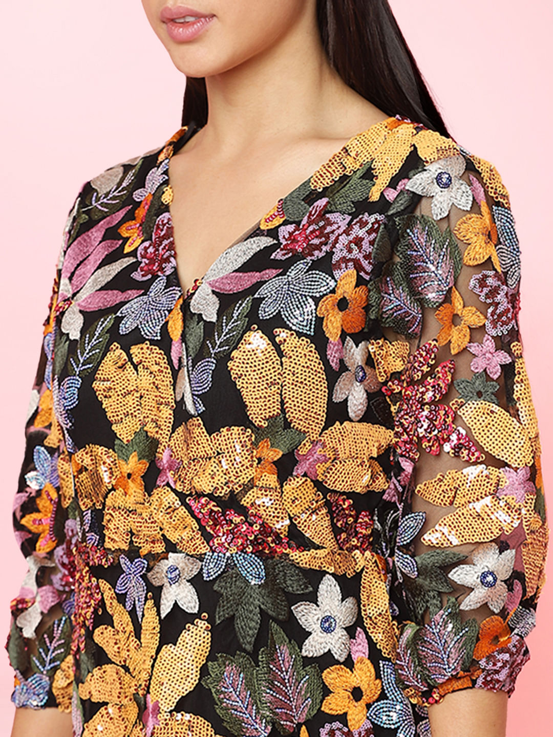 Marquee Black Floral Sequin Detail Dress