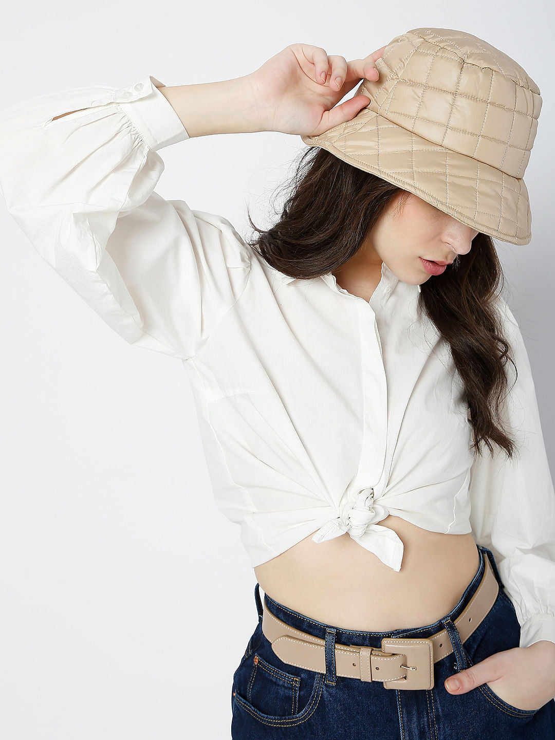 Beige Quilted Bucket Hat