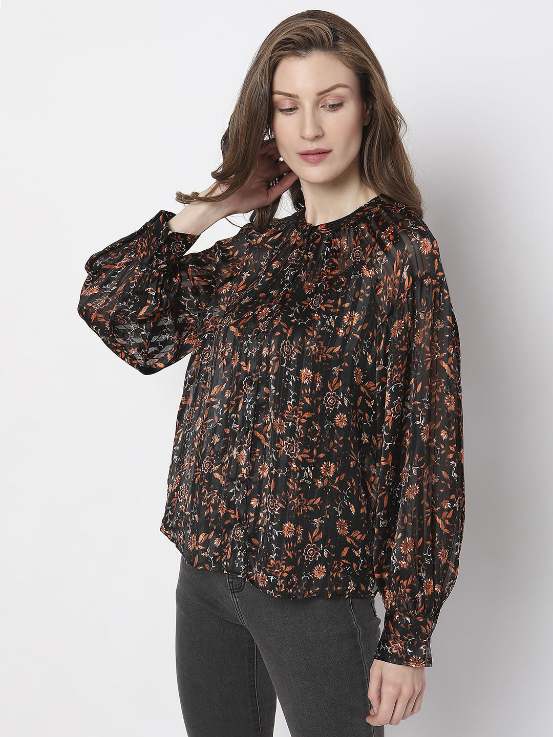 Black Satin Floral Top