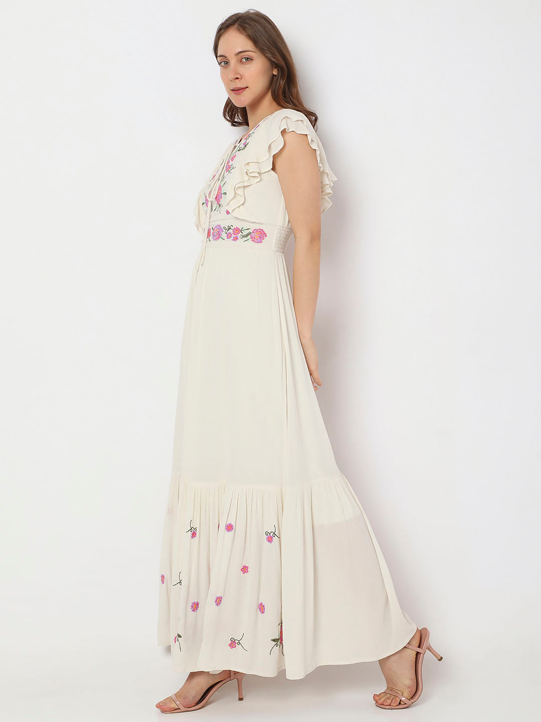 Beige Floral Embroidered Maxi Dress