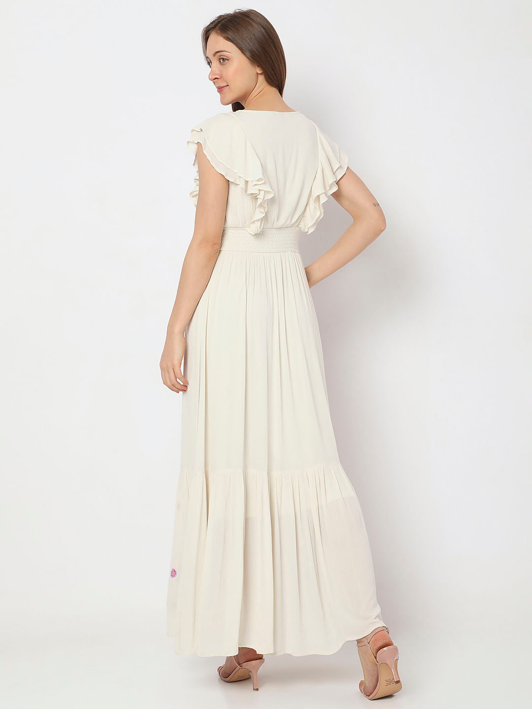 Beige Floral Embroidered Maxi Dress