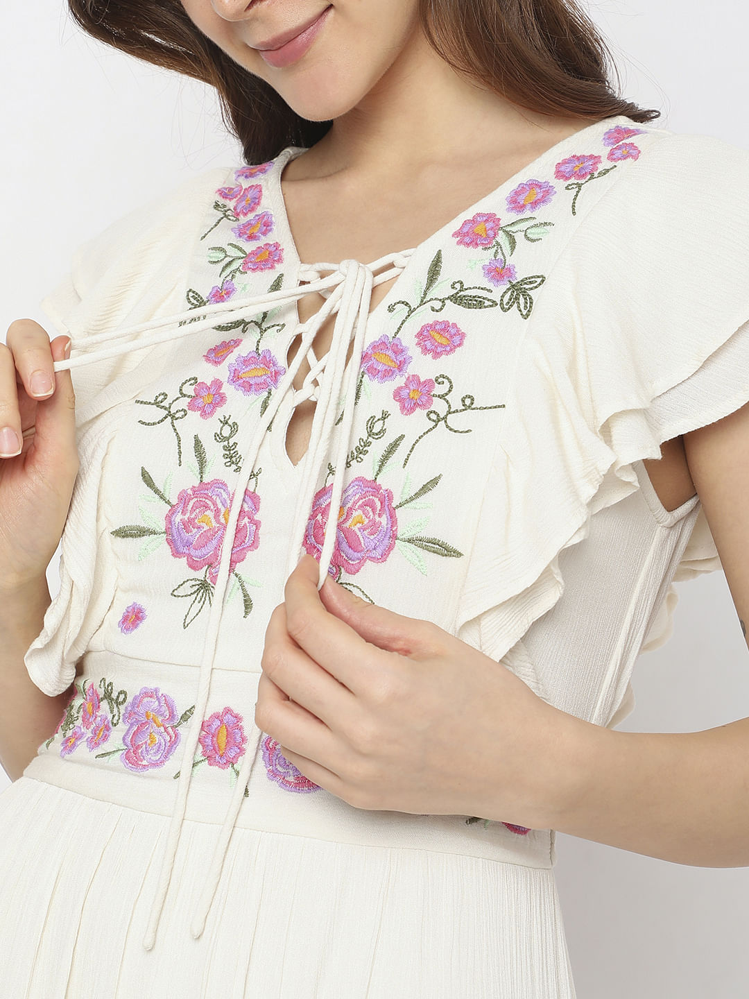 Beige Floral Embroidered Maxi Dress