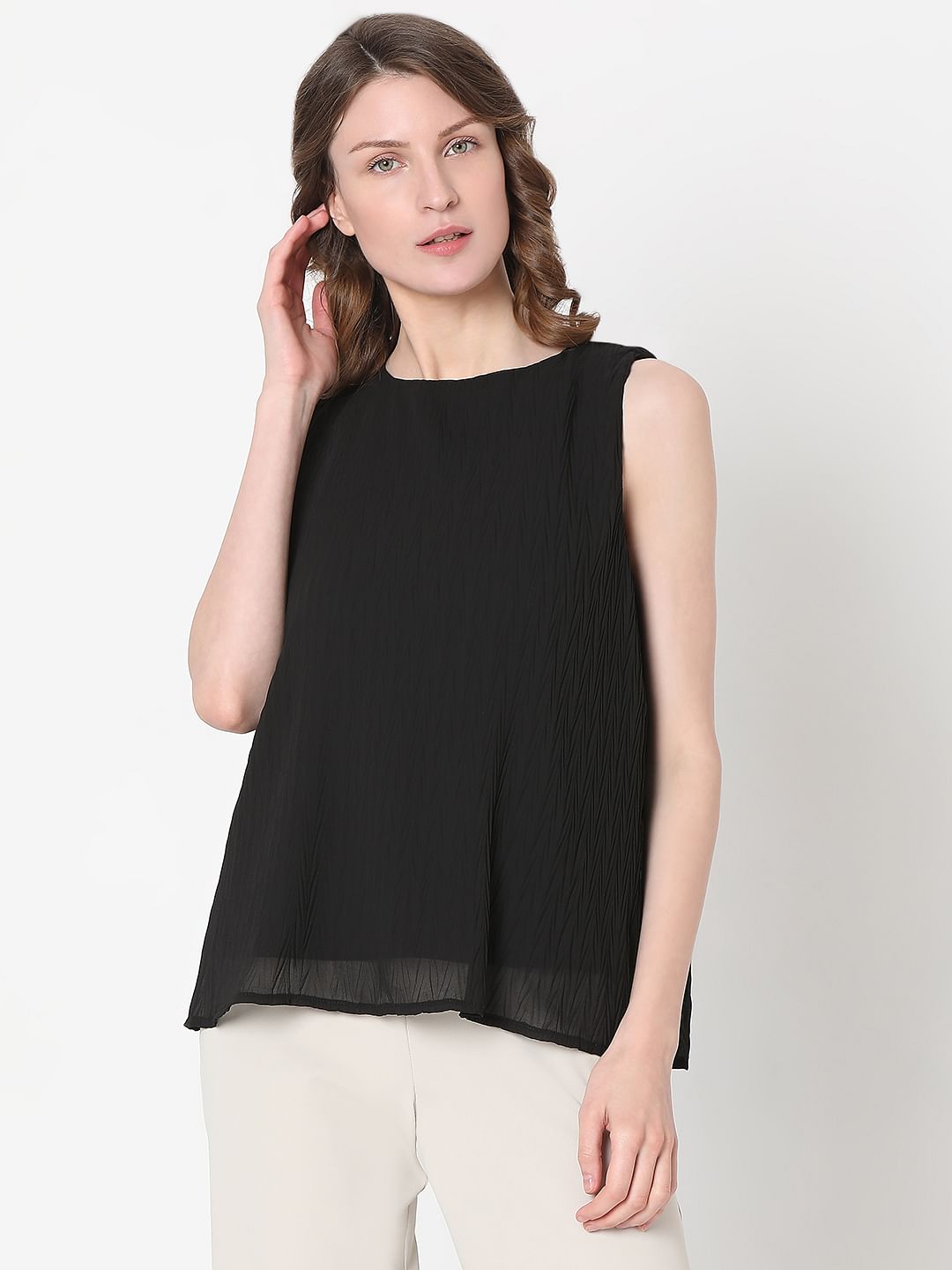 Black Textured Sleeveless Top