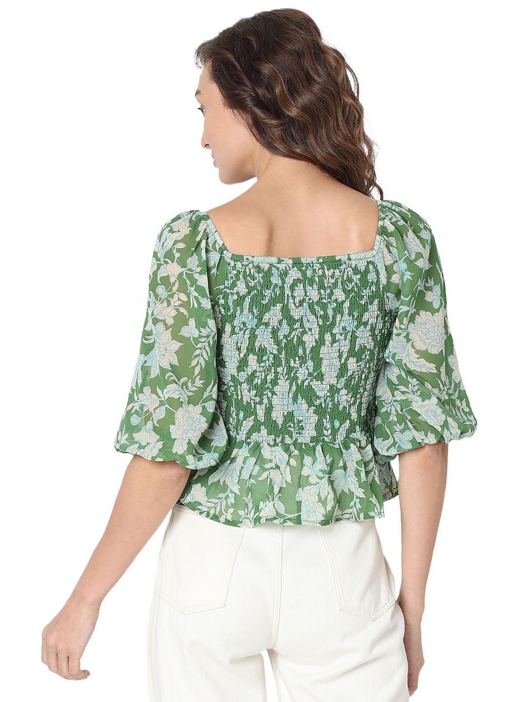 Green Floral Smocked Top