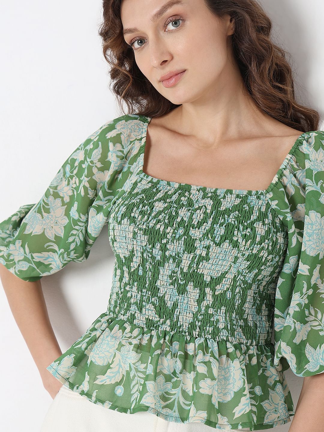 Green Floral Smocked Top