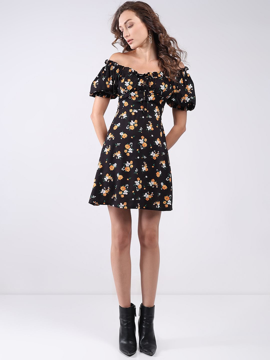 Black Floral Print Mini Dress