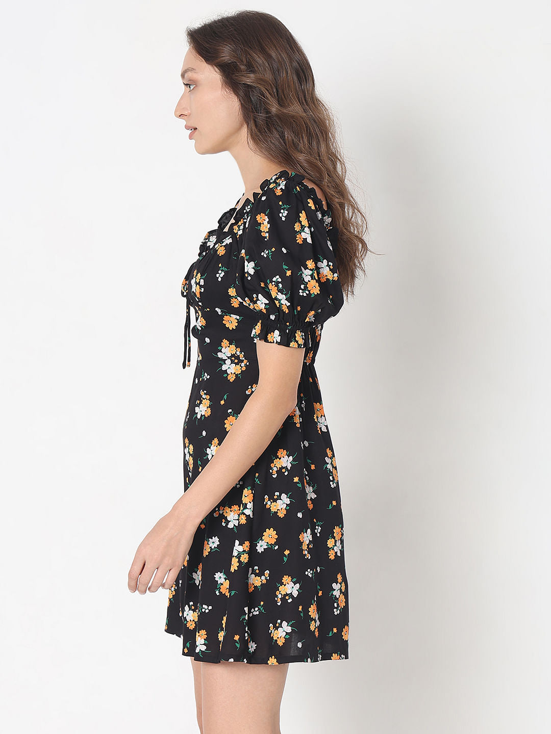 Black Floral Print Mini Dress