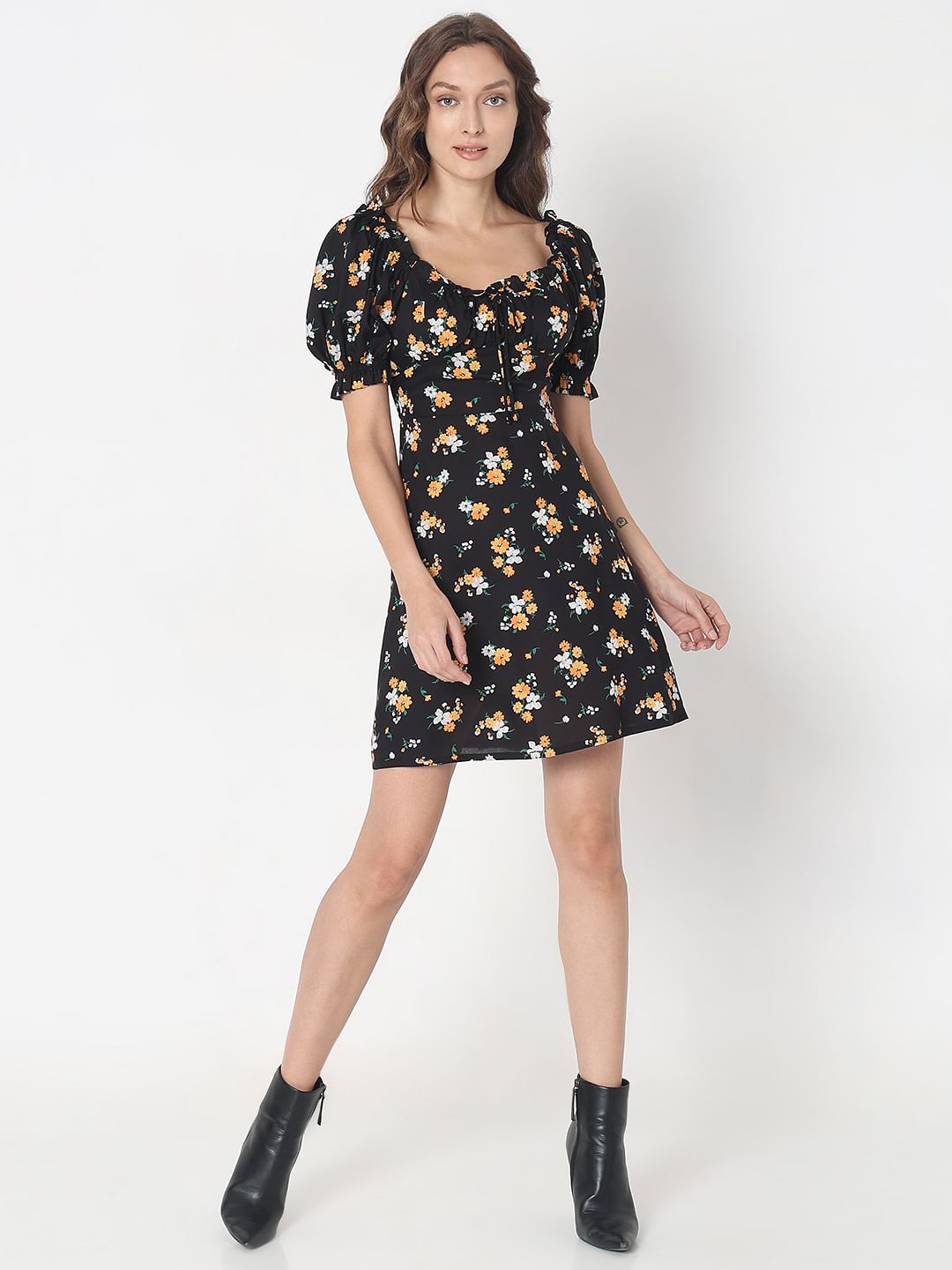 Black Floral Print Mini Dress