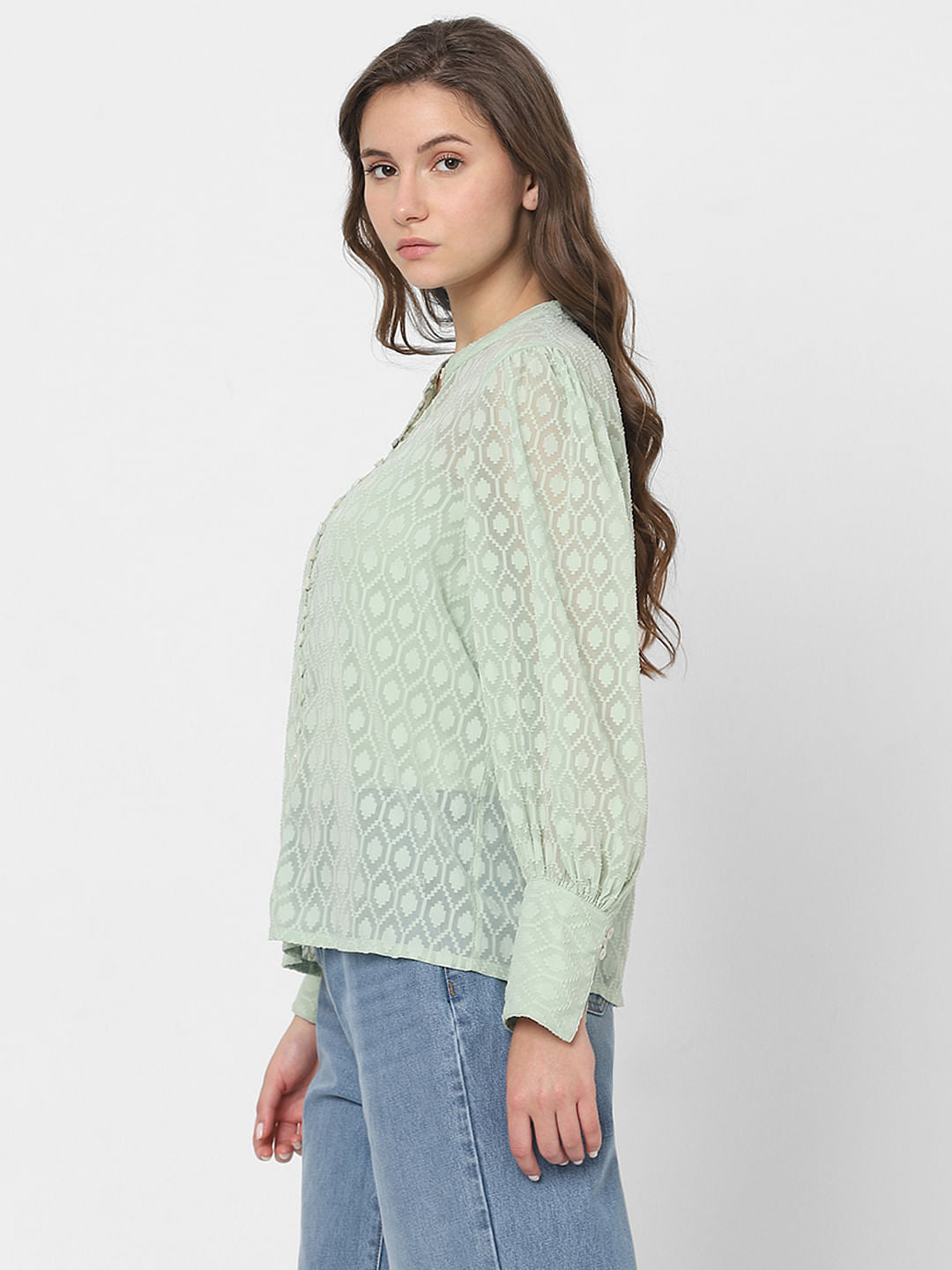 Light Green Sheer Printed Tops