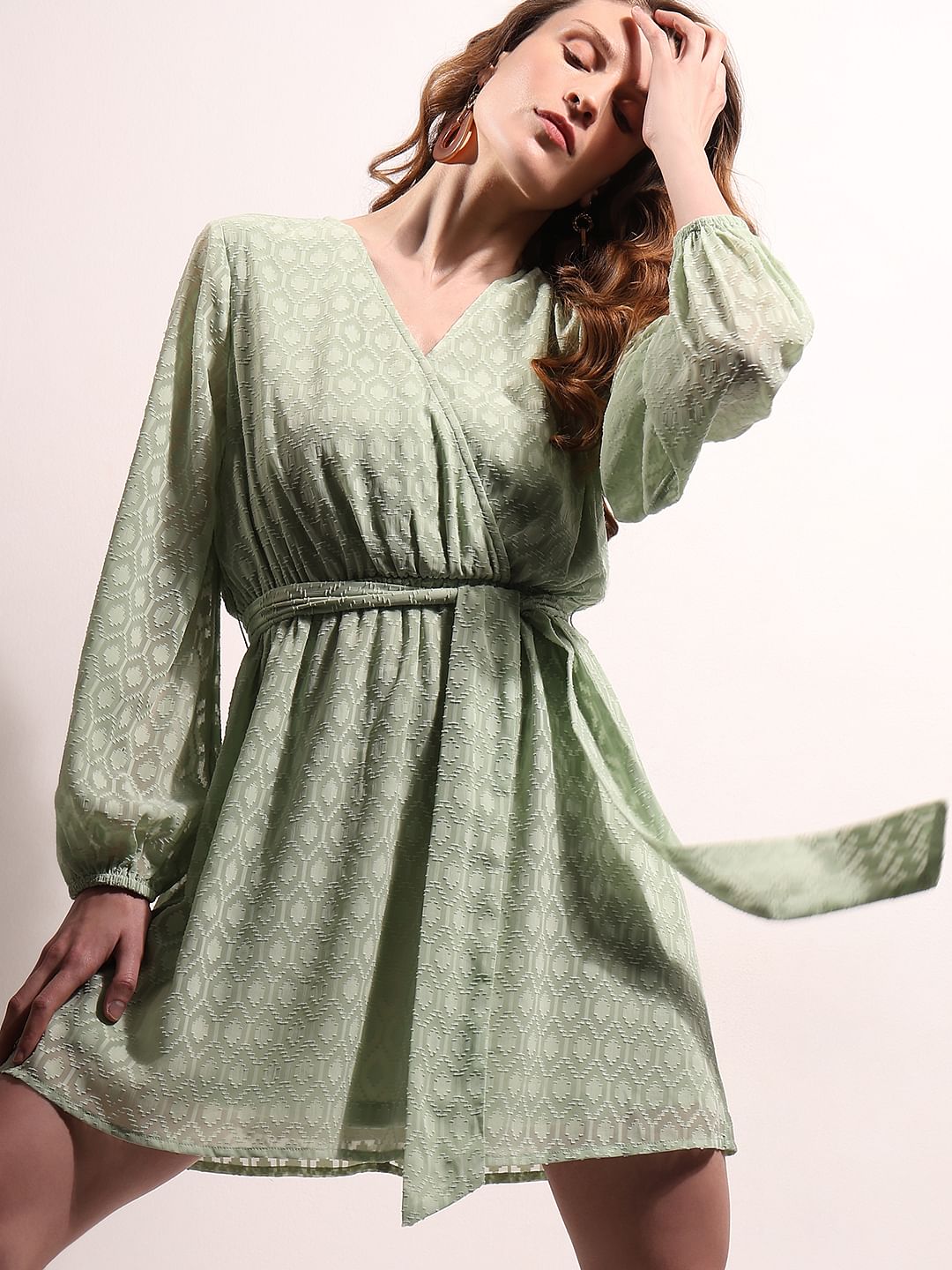Green Textured Wrap Dress
