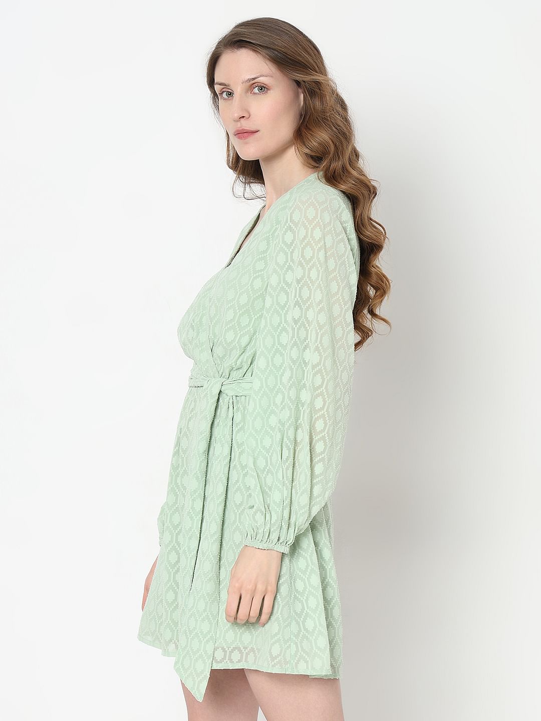 Green Textured Wrap Dress