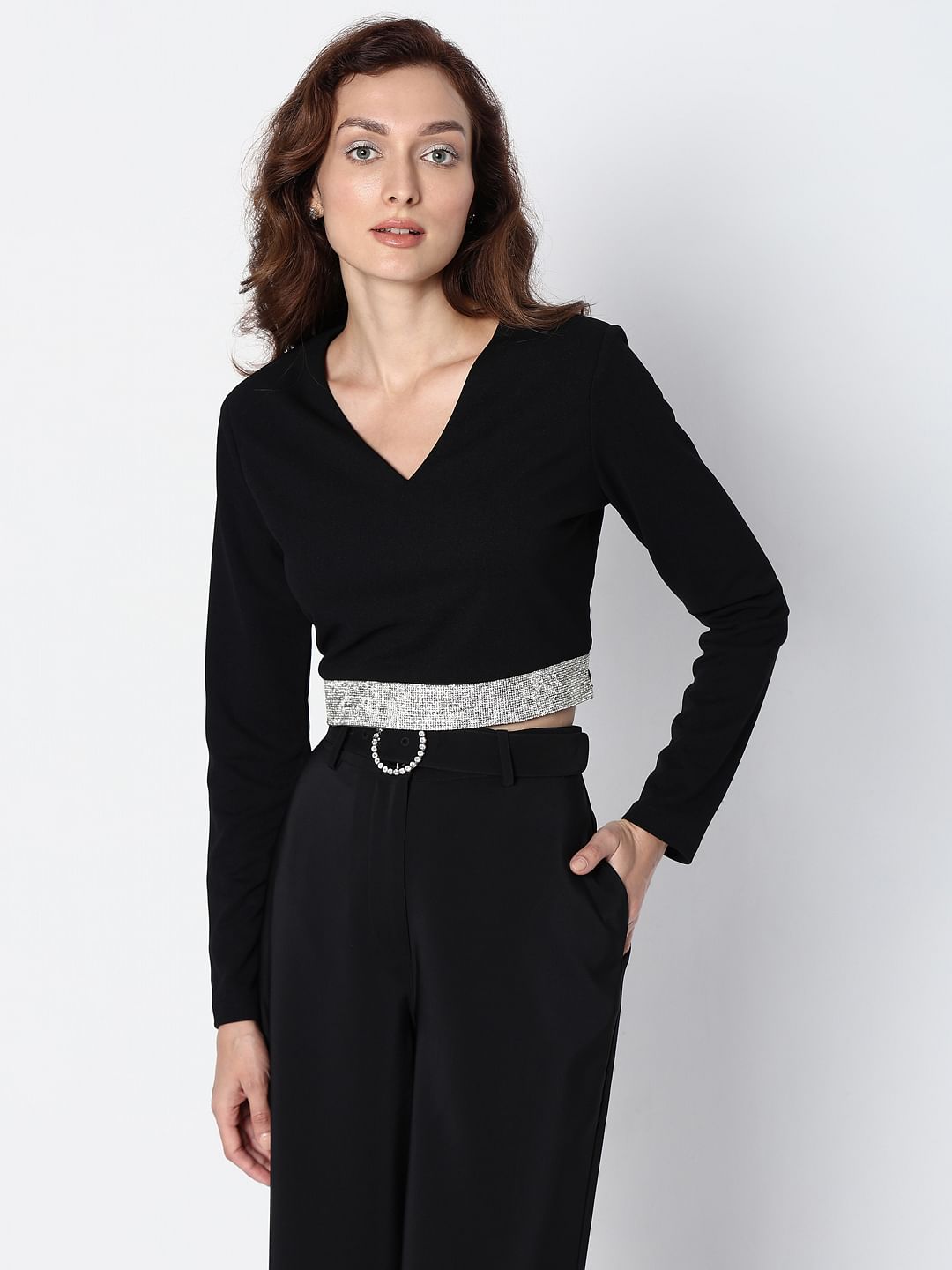 Marquee Black Diamante Band Crop Top