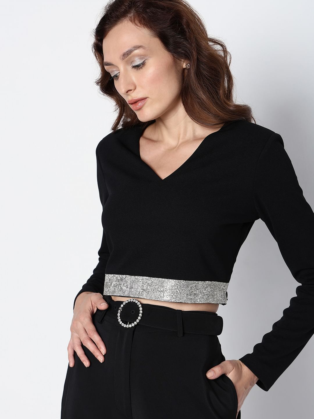Marquee Black Diamante Band Crop Top