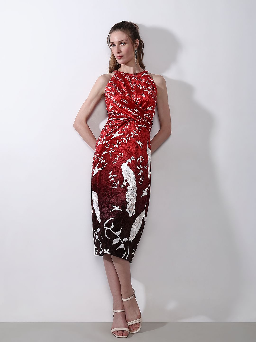 Red Abstract Print Midi Dress