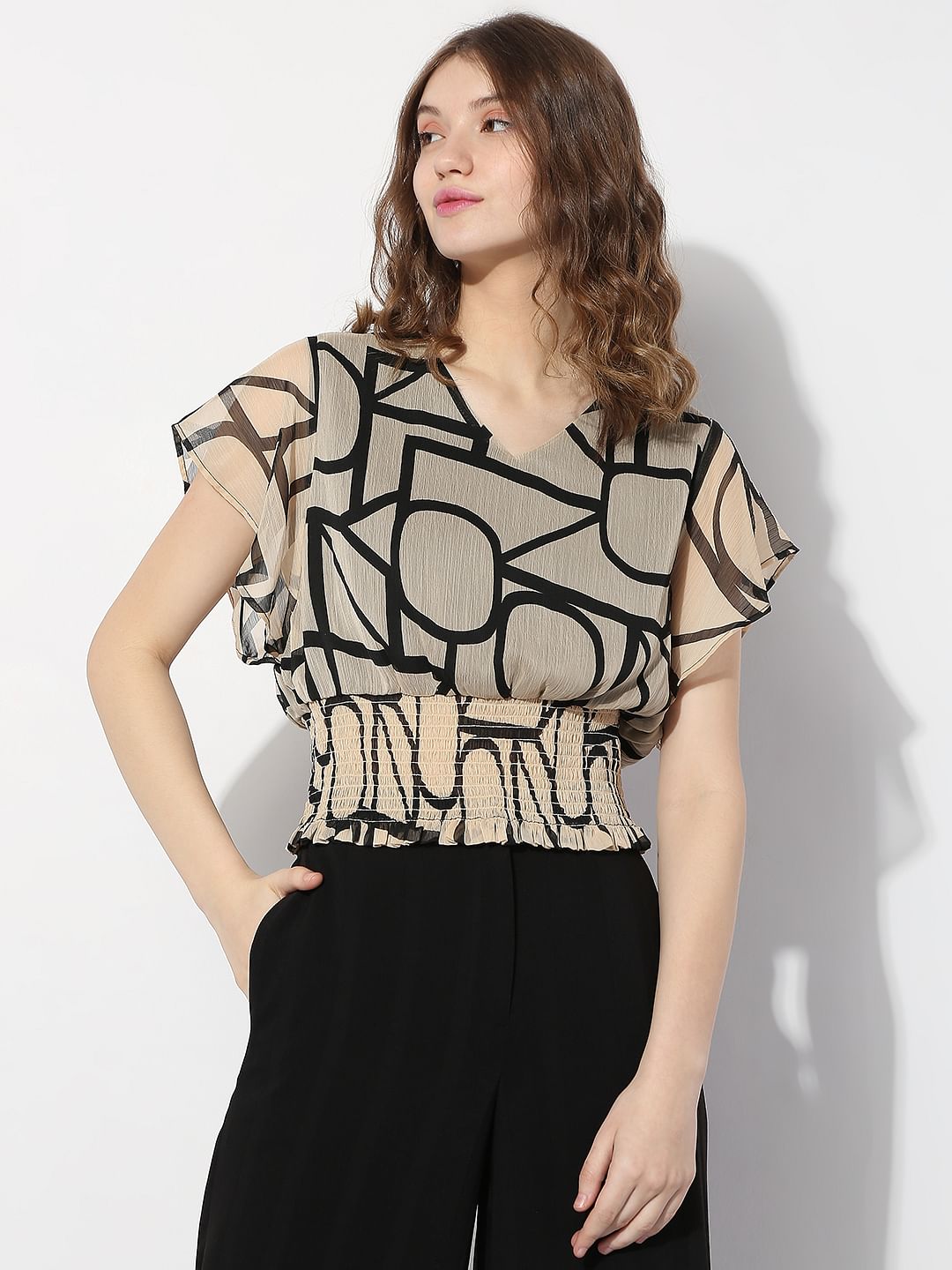 Beige Typographic Print Top