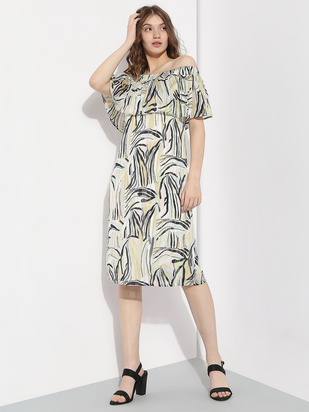 White Printed Off-Shoulder Midi Dress