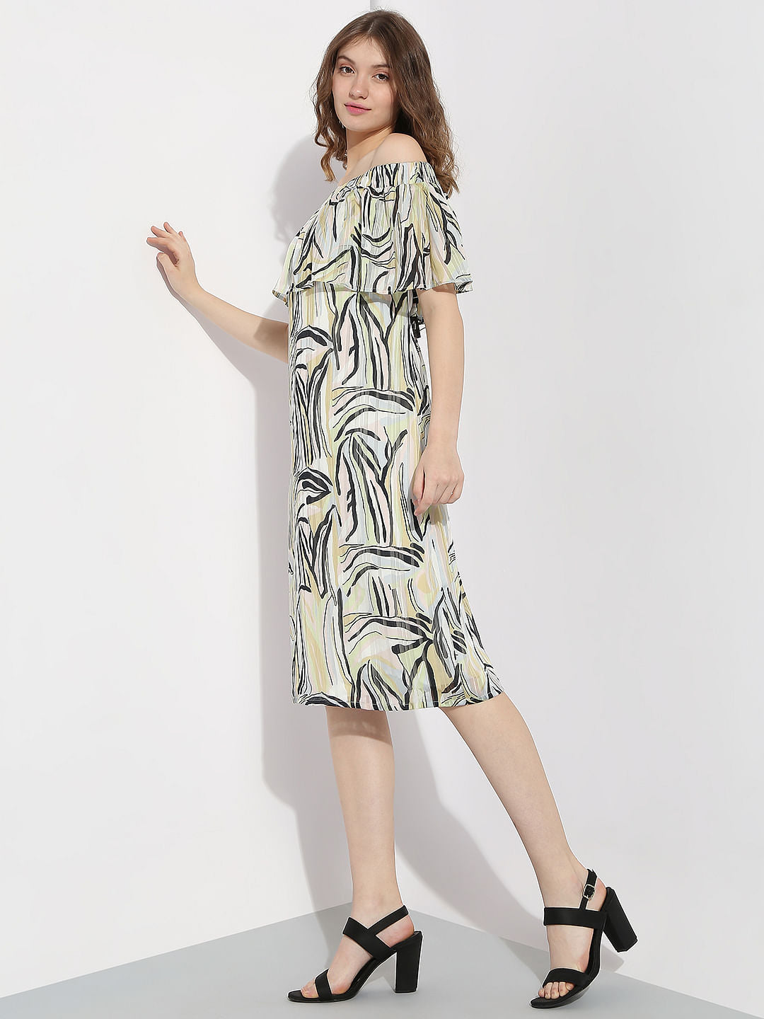 White Printed Off-Shoulder Midi Dress