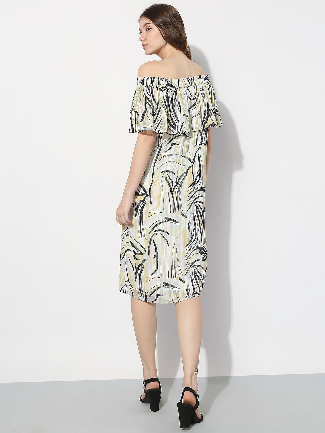 White Printed Off-Shoulder Midi Dress