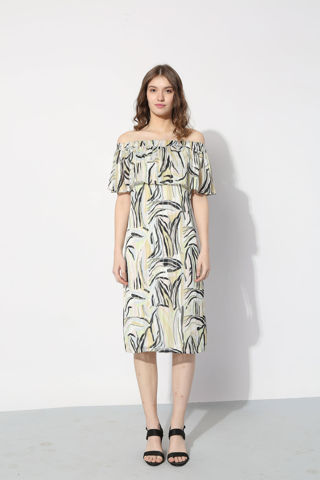 White Printed Off-Shoulder Midi Dress