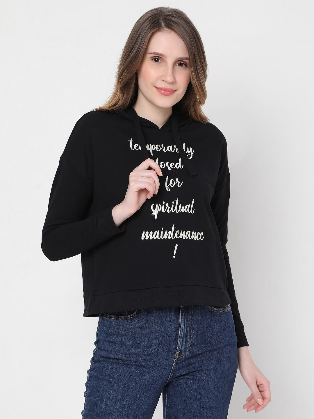 Black Slogan Print Hooded Sweatshirt