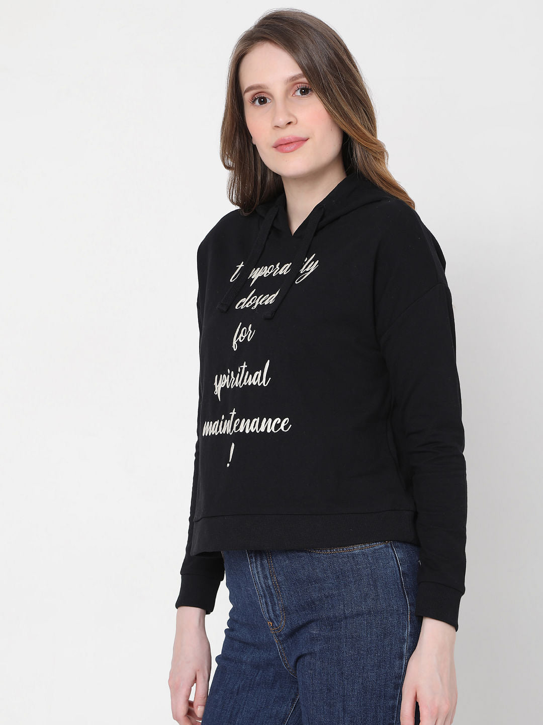Black Slogan Print Hooded Sweatshirt