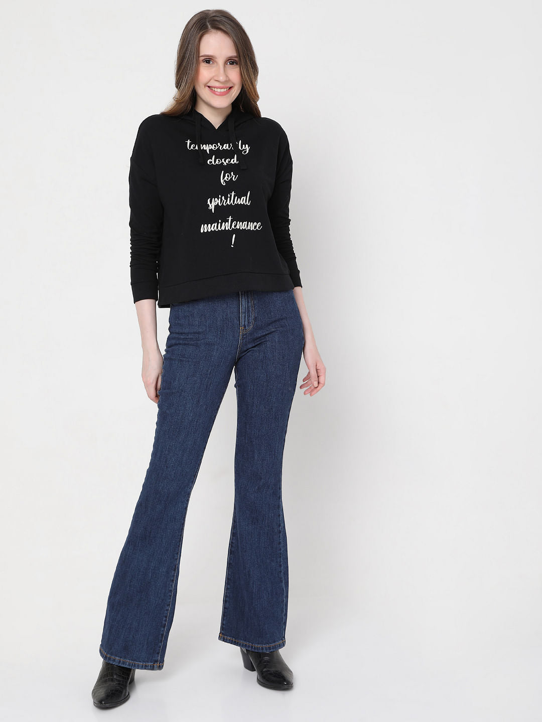 Black Slogan Print Hooded Sweatshirt