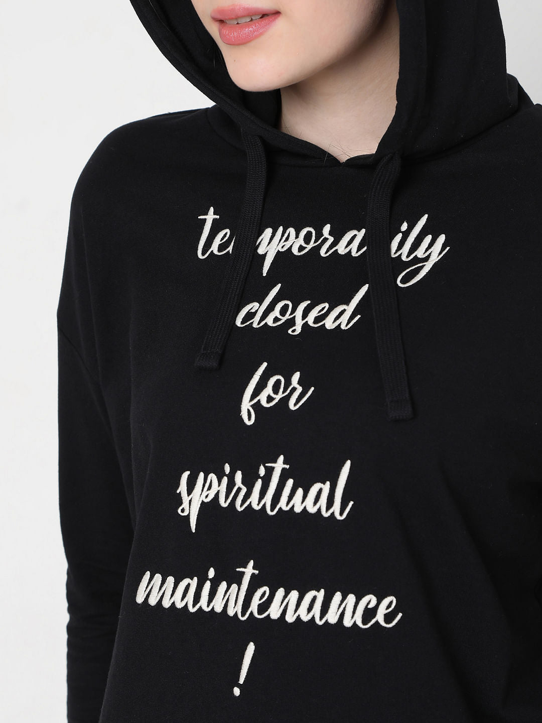 Black Slogan Print Hooded Sweatshirt