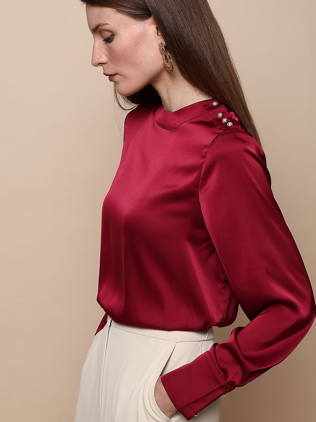 Red High Neck Satin Top