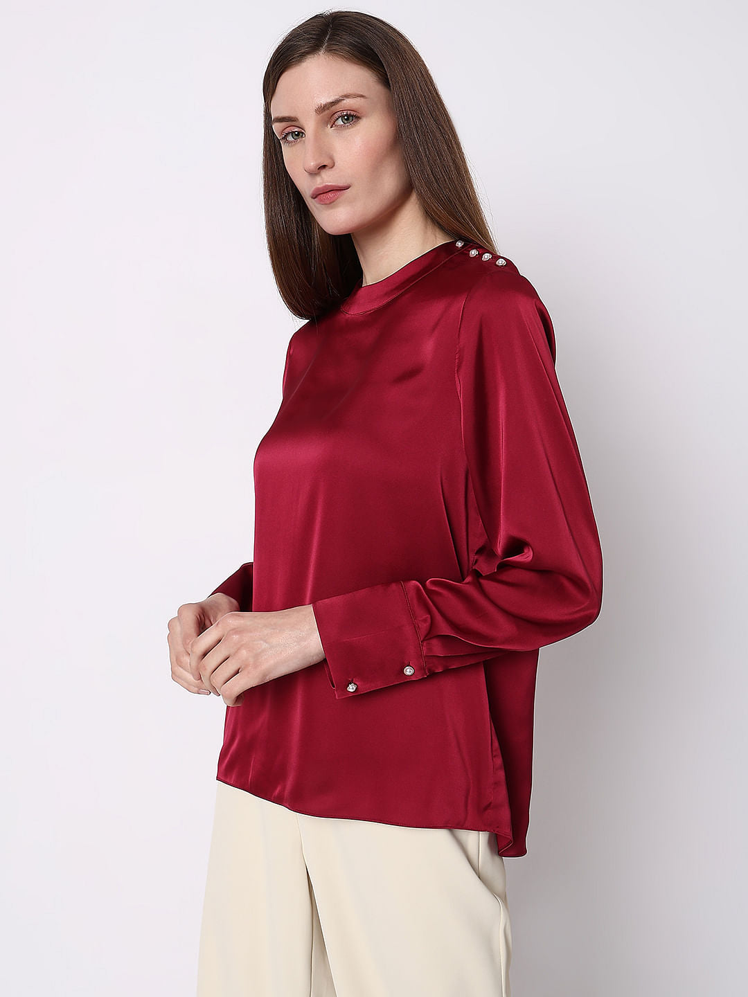 Red High Neck Satin Top