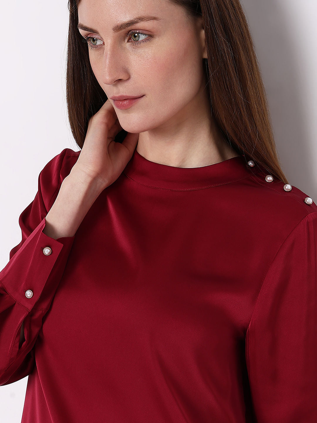 Red High Neck Satin Top