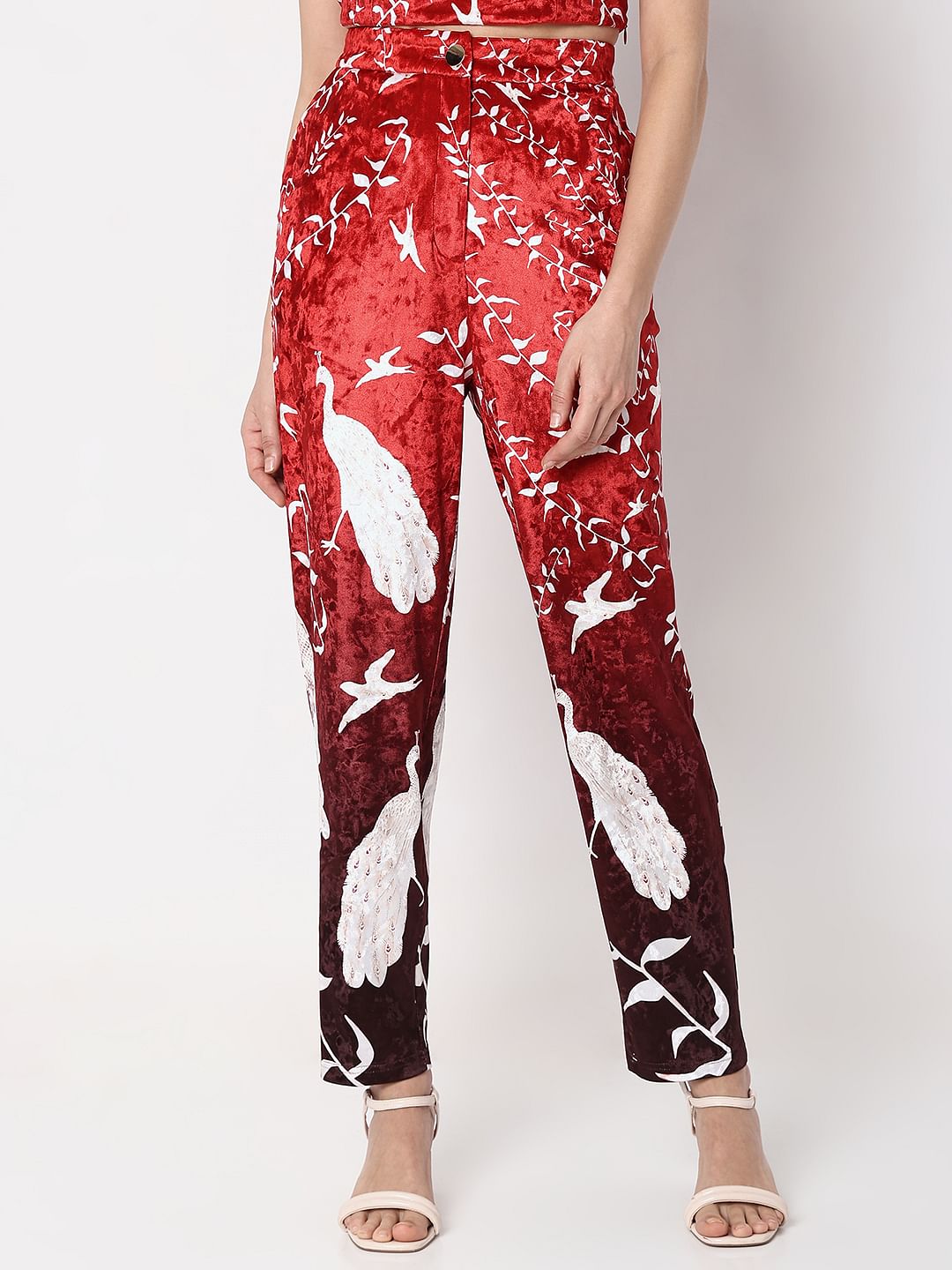 Red High Rise Printed Velvet Pants