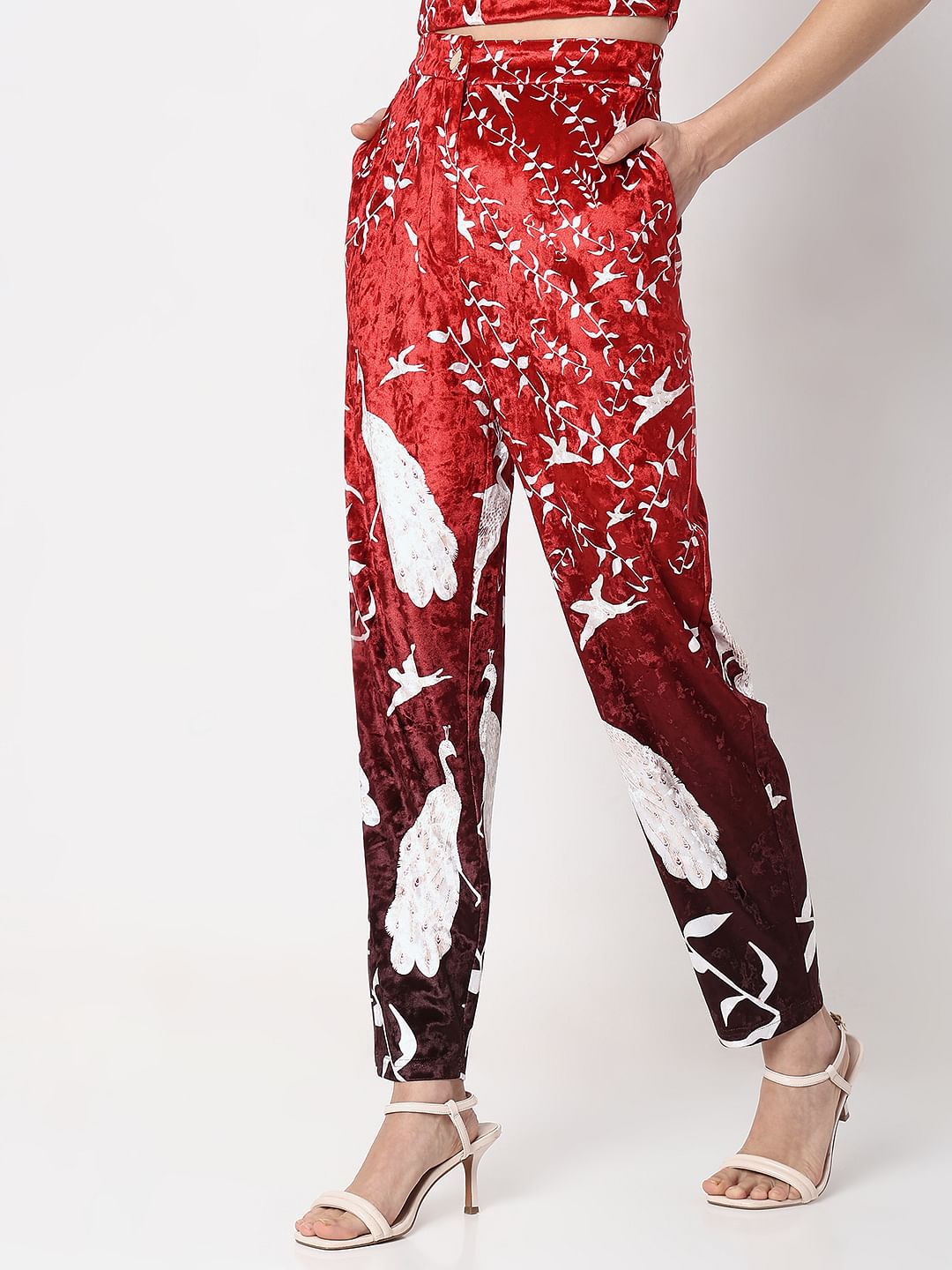 Red High Rise Printed Velvet Pants