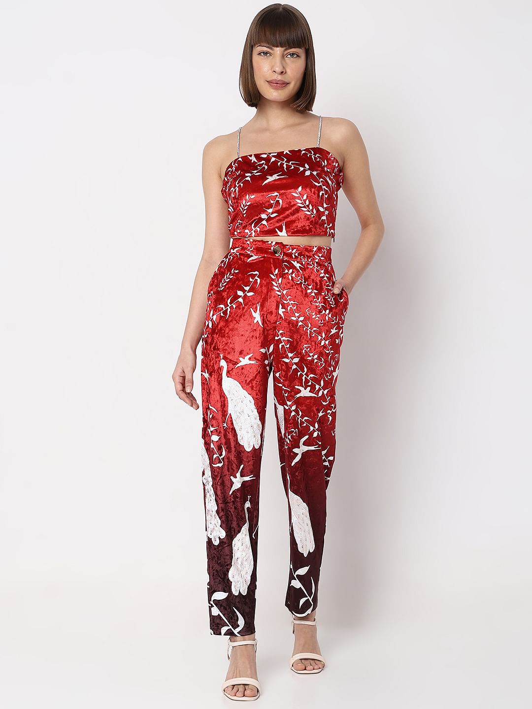 Red High Rise Printed Velvet Pants