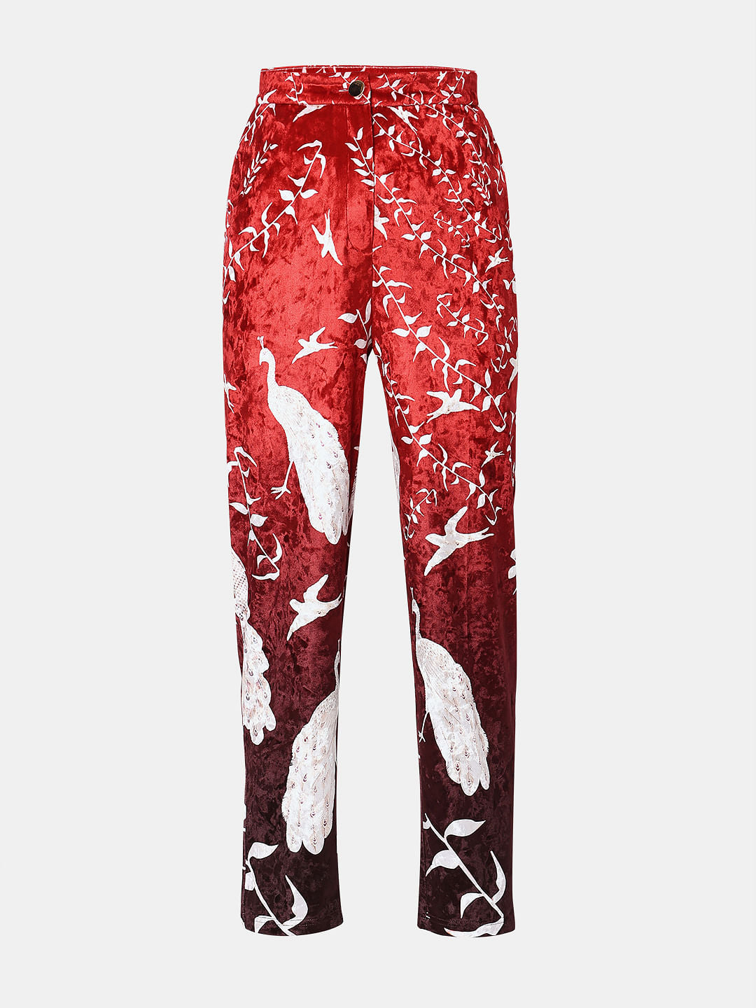 Red High Rise Printed Velvet Pants