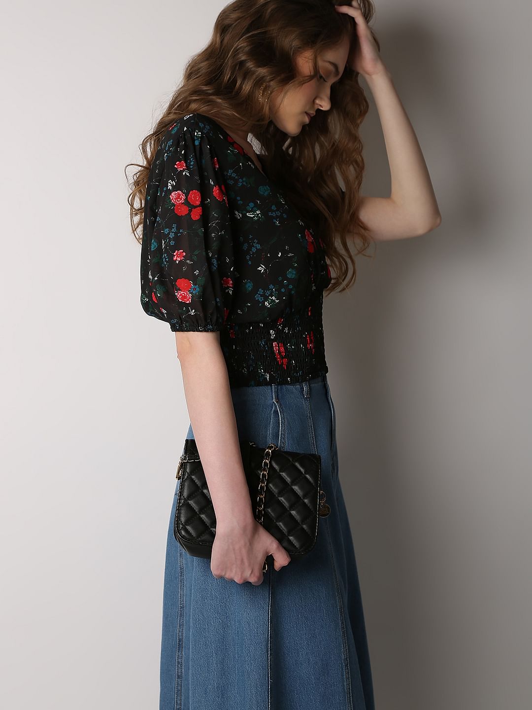 Black Printed Smocked Top